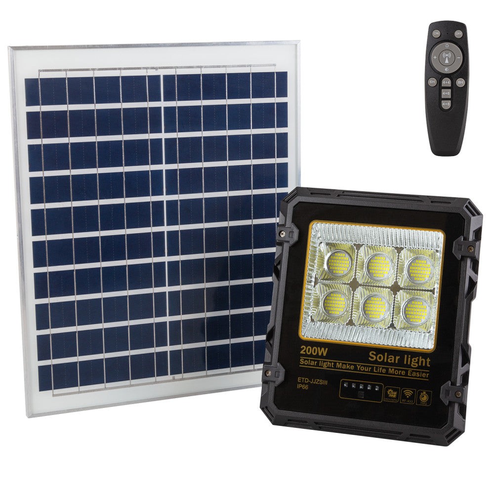 Proiettore da 200 W con pannello solare e telecomando IP65 Proiettore da 200 W con pannello solare e telecomando IP65